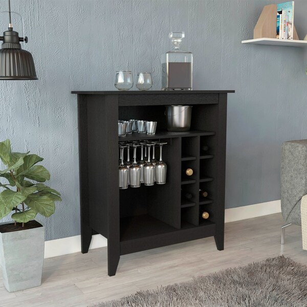 Essential Bar Cabinet, One Open Shelf, Six Built-in Wine Rack, One Drawer, Black